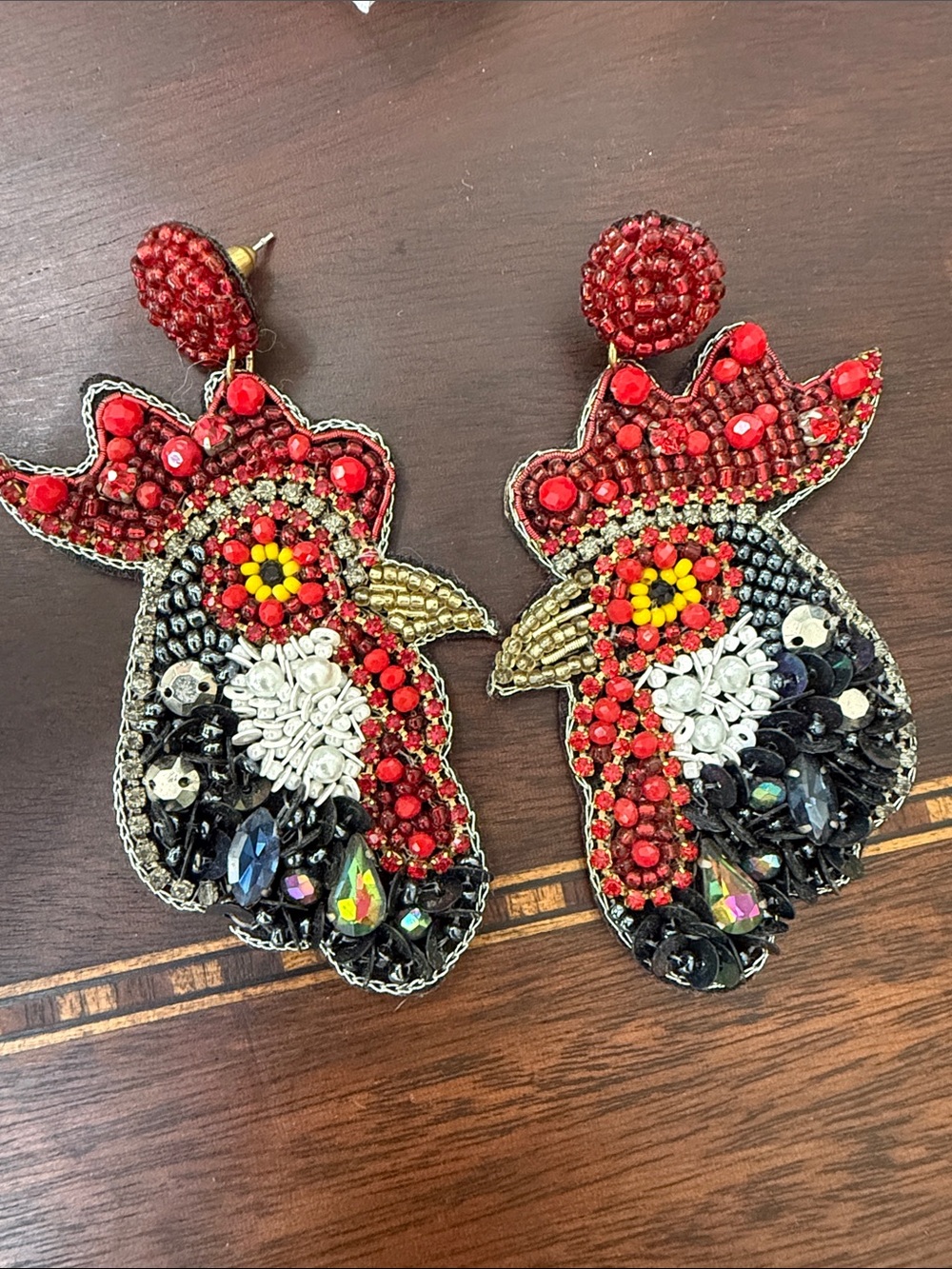 Beaded Red Rooster Statement Drop Earrings - Women Jewelry